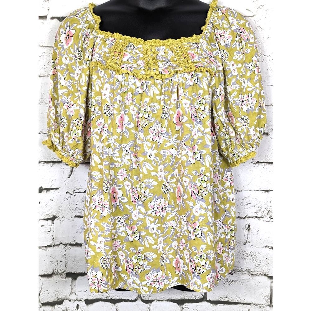 SOLITAIRE Boho Peasant Floral Cottage Hippie Crochet Lace Tunic Blouse Large